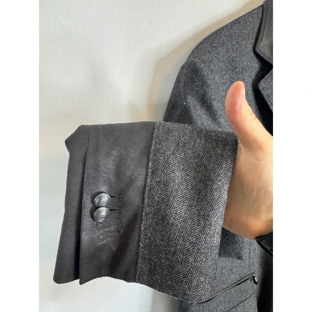 Corneliani ID Grey Wool Cashmere Herringbone Blazer Mock Neck Bib Jacket 54R IT